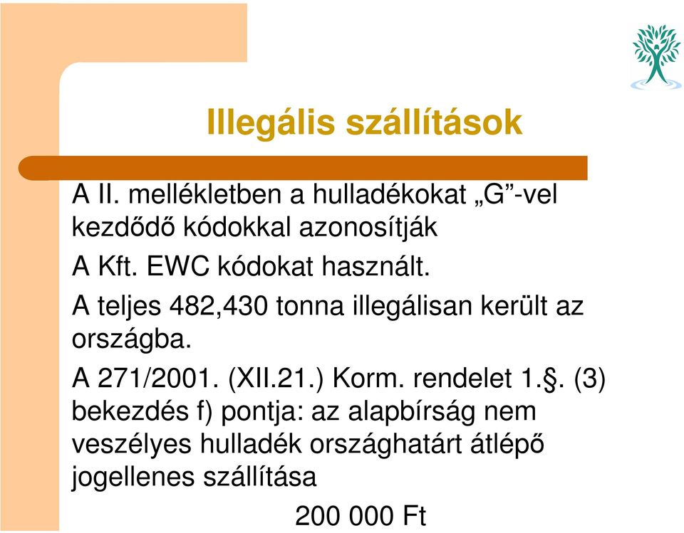 EWC kódokat használt. A teljes 482,430 tonna illegálisan került az országba.