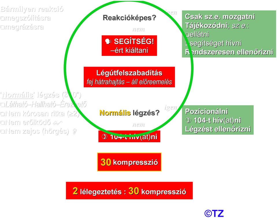 Nem erőlk lködő Nem zajos (hörg rgés) Légútfelszabadítás fej hátrahajth trahajtás áll előreemel reemelés Normális légzl gzés?