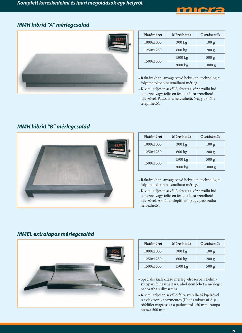 MMH hibrid B mérlegcsalád Platóméret Méréshatár Osztásérték 1000x1000 300 kg 100 g 1250x1250 600 kg 200 g 1500x1500 1500 kg 500 g 3000 kg 1000 g Raktárakban, anyagátvevő helyeken, technológiai