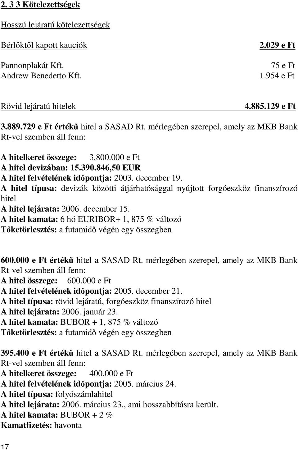 846,50 EUR A hitel felvételének idpontja: 2003. december 19. A hitel típusa: devizák közötti átjárhatósággal nyújtott forgóeszköz finanszírozó hitel A hitel lejárata: 2006. december 15.