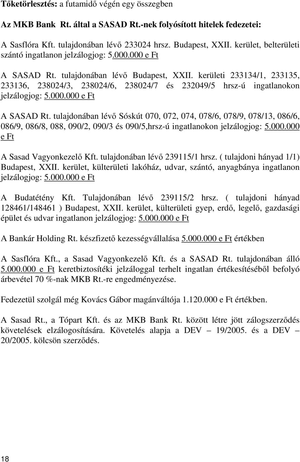 kerületi 233134/1, 233135, 233136, 238024/3, 238024/6, 238024/7 és 232049/5 hrsz-ú ingatlanokon jelzálogjog: 5.000.000 e Ft A SASAD Rt.