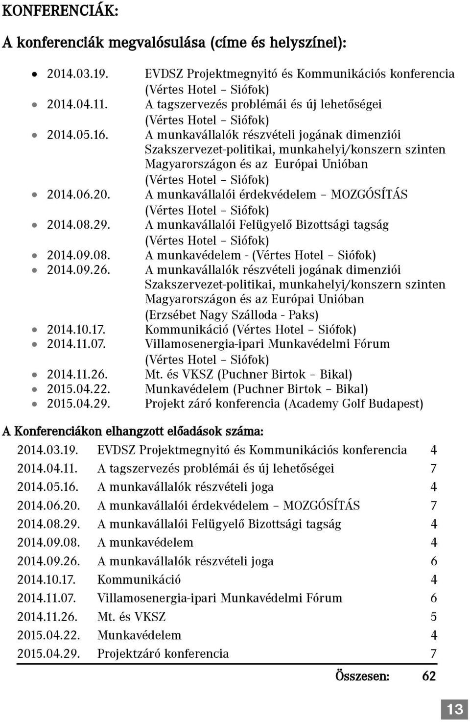 A munkavállalók részvételi jogának dimenziói Szakszervezet-politikai, munkahelyi/konszern szinten Magyarországon és az Európai Unióban (Vértes Hotel Siófok) 201