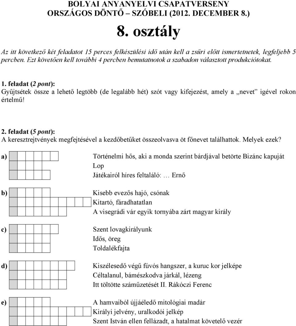 a) Történelmi hős, aki a monda szerint bárdjával betörte Bizánc kapuját Lop Játékairól híres feltaláló: Ernő b) Kisebb evezős hajó, csónak Kitartó, fáradhatatlan A visegrádi vár egyik