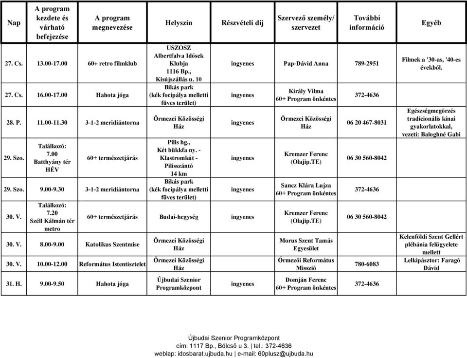 V. 10.00-12.00 Református Istentisztelet 31. H. 9.00-9.50 Hahota jóga Albertfalva Idősek Klubja 1116 Bp., Kisújszállás u. 10 Pilis hg., Két bükkfa ny.