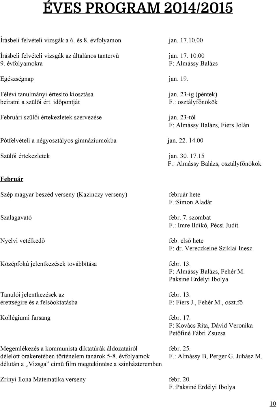 23 tól F: Almássy Balázs, Fiers Jolán Pótfelvételi a négyosztályos gimnáziumokba jan. 22. 14.00 Szülői értekezletek jan. 30. 17.15 F.