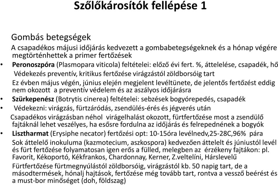 %, áttelelése, csapadék, hő Védekezés preventív, kritikus fertőzése virágzástól zöldborsóig tart Ez évben május végén, június elején megjelent levéltünete, de jelentős fertőzést eddig nem okozott a