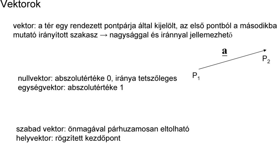 nullvektor: abszolutértéke 0, iránya tetszőleges egységvektor: abszolutértéke