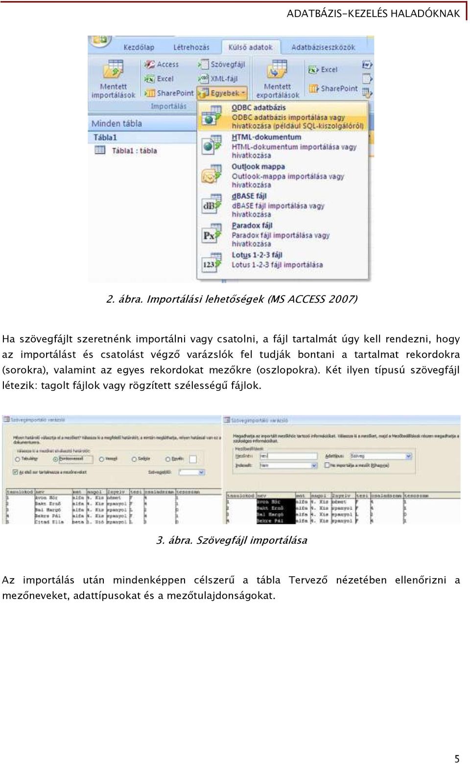 az importálást és csatolást végző varázslók fel tudják bontani a tartalmat rekordokra (sorokra), valamint az egyes rekordokat mezőkre