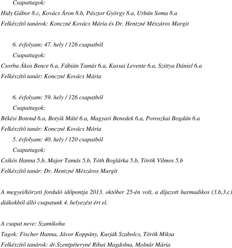 a, Poroszkai Bogdán 6.a Felkészítő tanár: Konczné Kovács Mária 5. évfolyam: 40. hely / 120 csapatból Csikós Hanna 5.b, Major Tamás 5.b, Tóth Boglárka 5.b, Török Vilmos 5.b Felkészítő tanár: Dr.