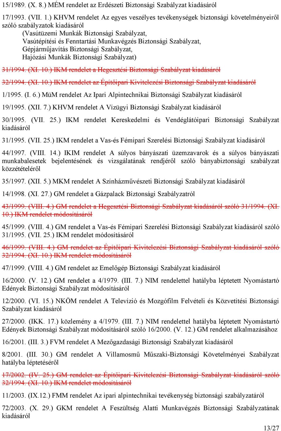 ) KHVM rendelet Az egyes veszélyes tevékenységek biztonsági követelményeiről szóló szabályzatok kiadásáról (Vasútüzemi Munkák Biztonsági Szabályzat, Vasútépítési és Fenntartási Munkavégzés Biztonsági