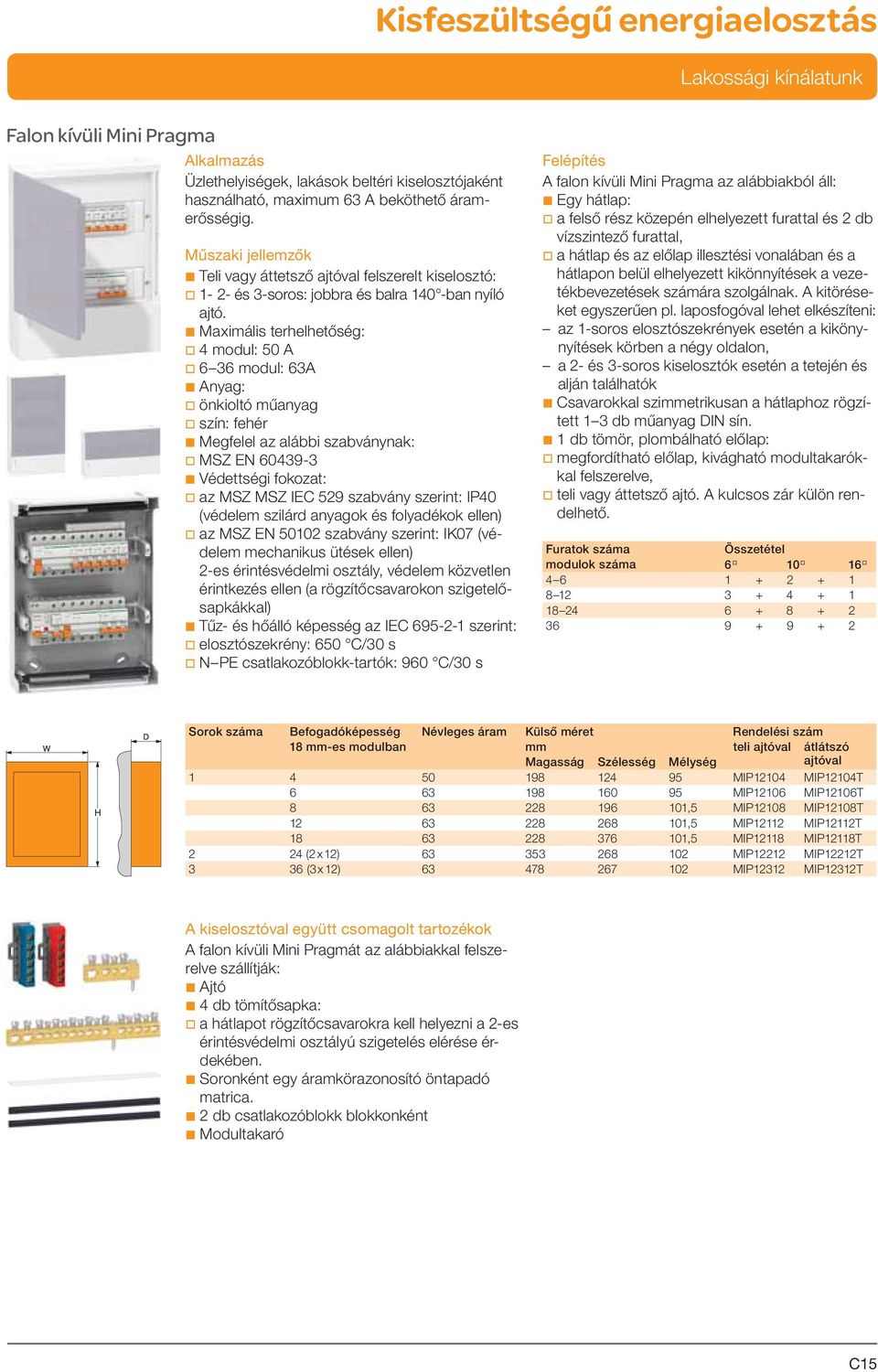 b Maximális terhelhetőség: v 4 modul: 50 A v 6 36 modul: 63A b Anyag: v önkioltó műanyag v szín: fehér b Megfelel az alábbi szabványnak: v MSZ EN 60439-3 b Védettségi fokozat: v az MSZ MSZ IEC 529