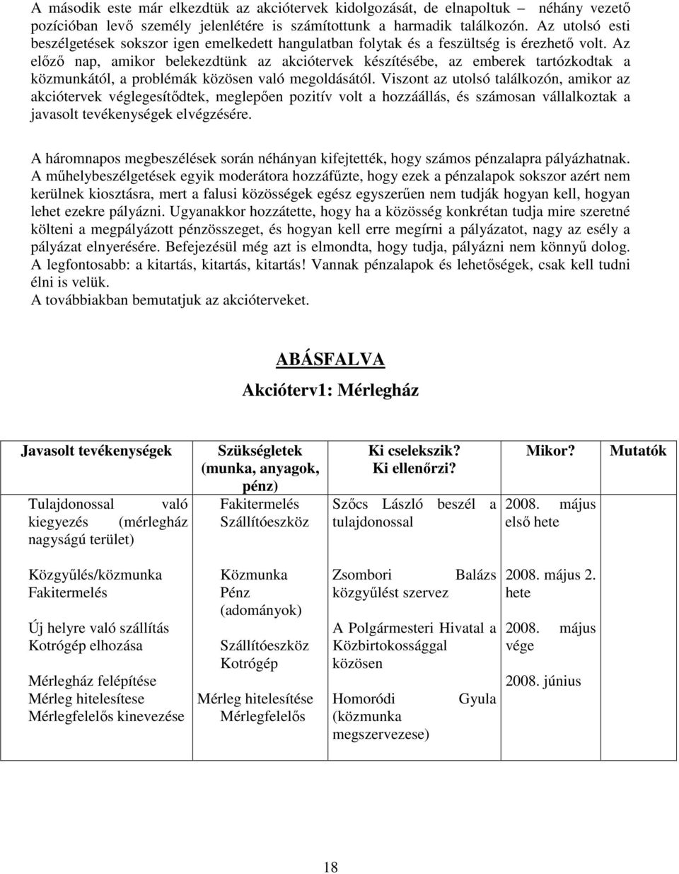 Az elızı nap, amikor belekezdtünk az akciótervek készítésébe, az emberek tartózkodtak a közmunkától, a problémák közösen való megoldásától.