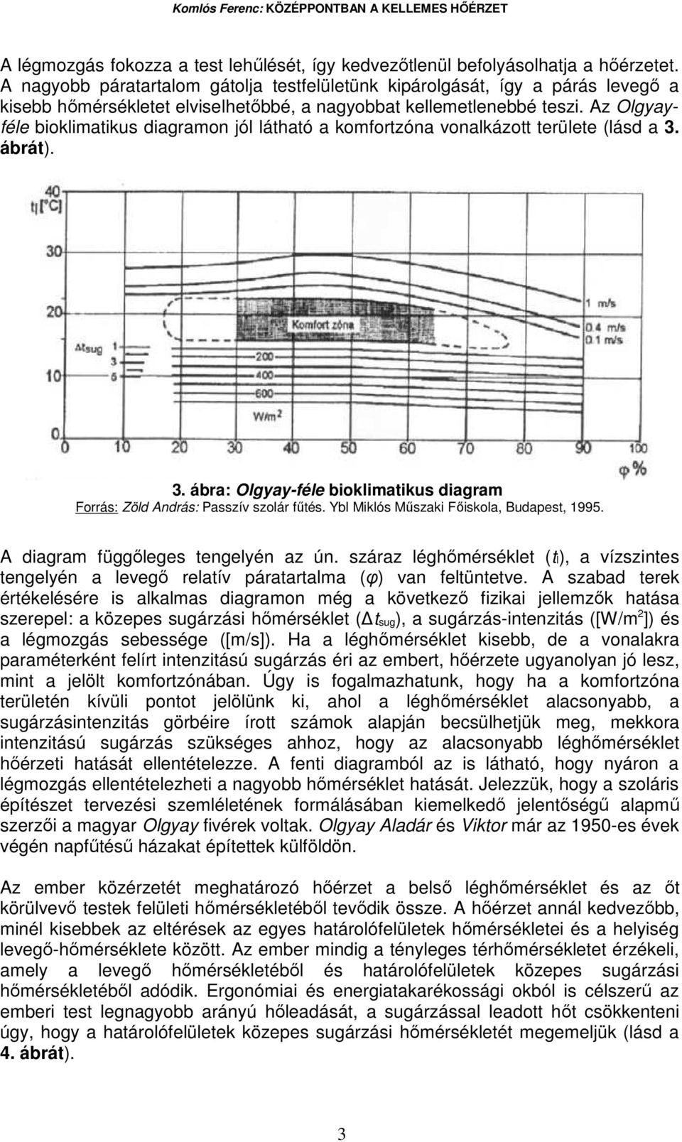 Az Olgyayféle bioklimatikus diagramon jól látható a komfortzóna vonalkázott területe (lásd a 3. ábrát). 3. ábra: Olgyay-féle bioklimatikus diagram Forrás: Zöld András: Passzív szolár főtés.