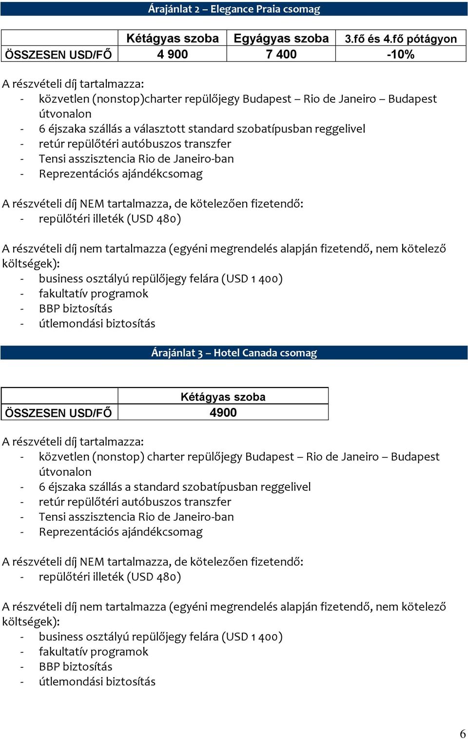 szobatípusban reggelivel - retúr repülőtéri autóbuszos transzfer - Tensi asszisztencia Rio de Janeiro-ban - Reprezentációs ajándékcsomag A részvételi díj NEM tartalmazza, de kötelezően fizetendő: -