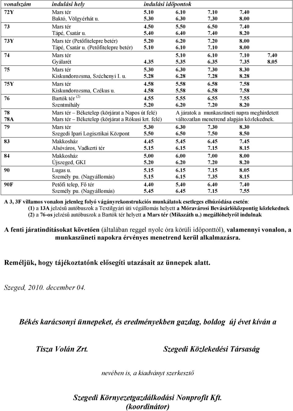 30 6.30 7.30 8.30 Kiskundorozsma, Széchenyi I. u. 5.28 6.28 7.28 8.28 75Y Mars tér 4.58 5.58 6.58 7.58 Kiskundorozsma, Czékus u. 4.58 5.58 6.58 7.58 76 Bartók tér (2) 4.55 5.55 6.55 7.