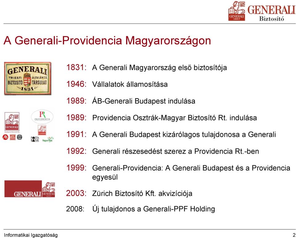 indulása 1991: A Generali Budapest kizárólagos tulajdonosa a Generali 1992: Generali részesedést szerez a Providencia Rt.