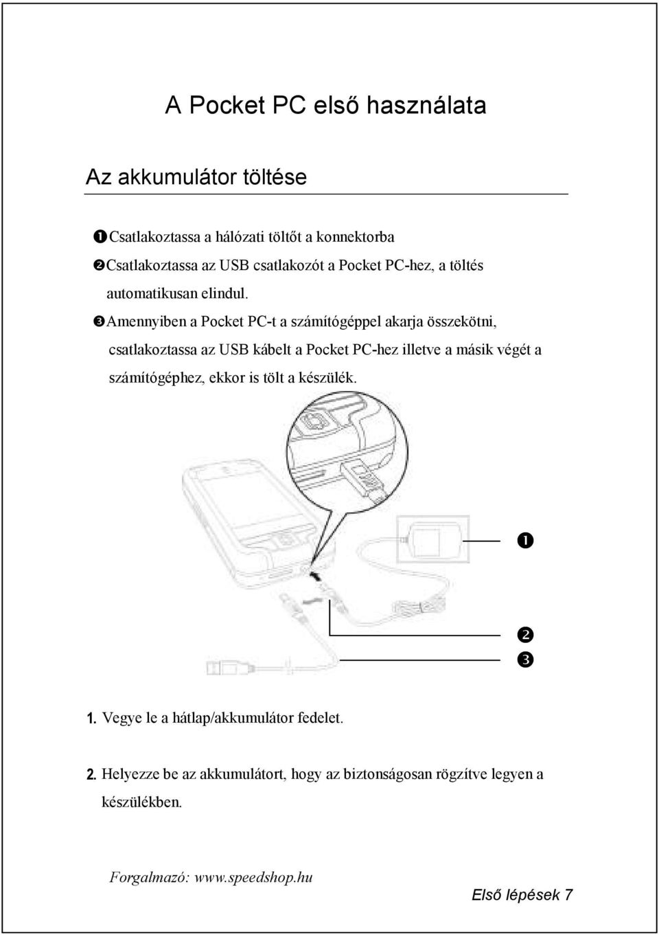 ❸Amennyiben a Pocket PC-t a számítógéppel akarja összekötni, csatlakoztassa az USB kábelt a Pocket PC-hez illetve a másik végét a