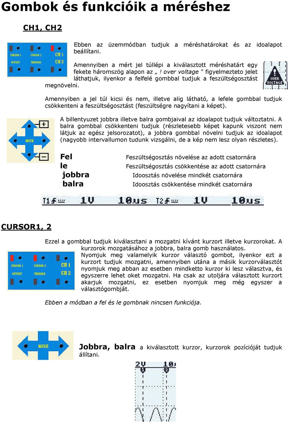 Amennyiben a jel túl kicsi és nem, illetve alig látható, a lefele gombbal tudjuk csökkenteni a feszültségosztást (feszültségre nagyítani a képet).