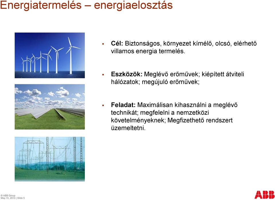Eszközök: Meglévő erőművek; kiépített átviteli hálózatok; megújuló erőművek;