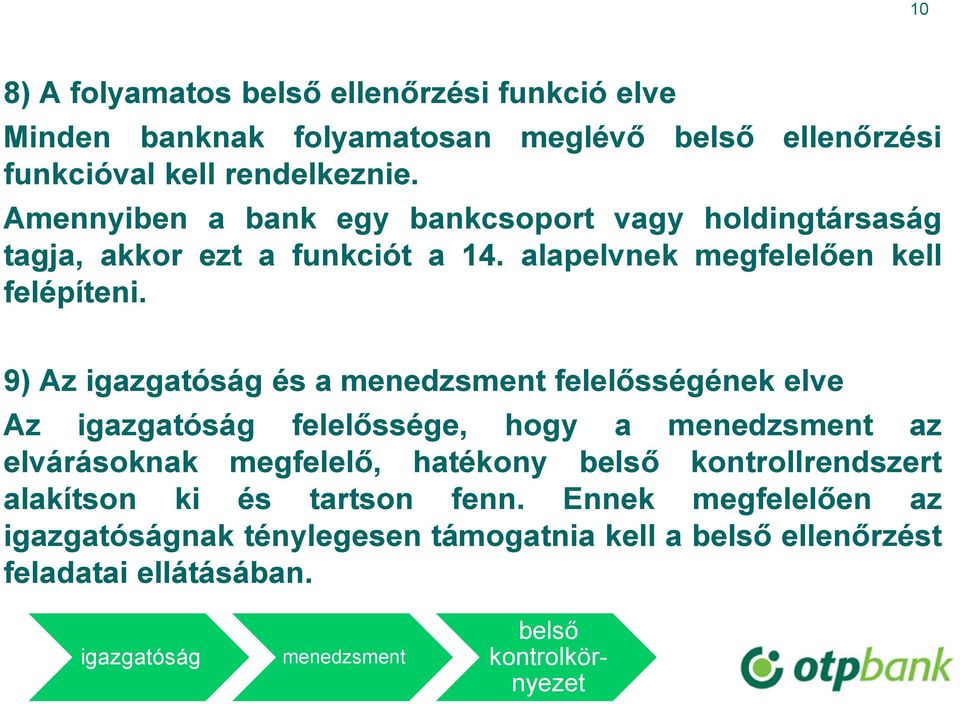 9) Az igazgatóság és a menedzsment felelősségének elve Az igazgatóság felelőssége, hogy a menedzsment az elvárásoknak megfelelő, hatékony belső