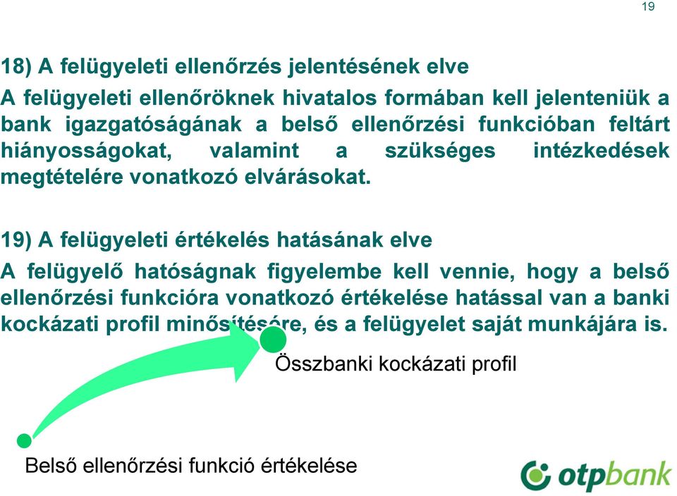19) A felügyeleti értékelés hatásának elve A felügyelő hatóságnak figyelembe kell vennie, hogy a belső ellenőrzési funkcióra vonatkozó