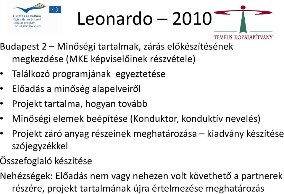 konduktív nevelés) Projekt záró anyag részeinek meghatározása kiadvány készítése szójegyzékkel Összefoglaló készítése