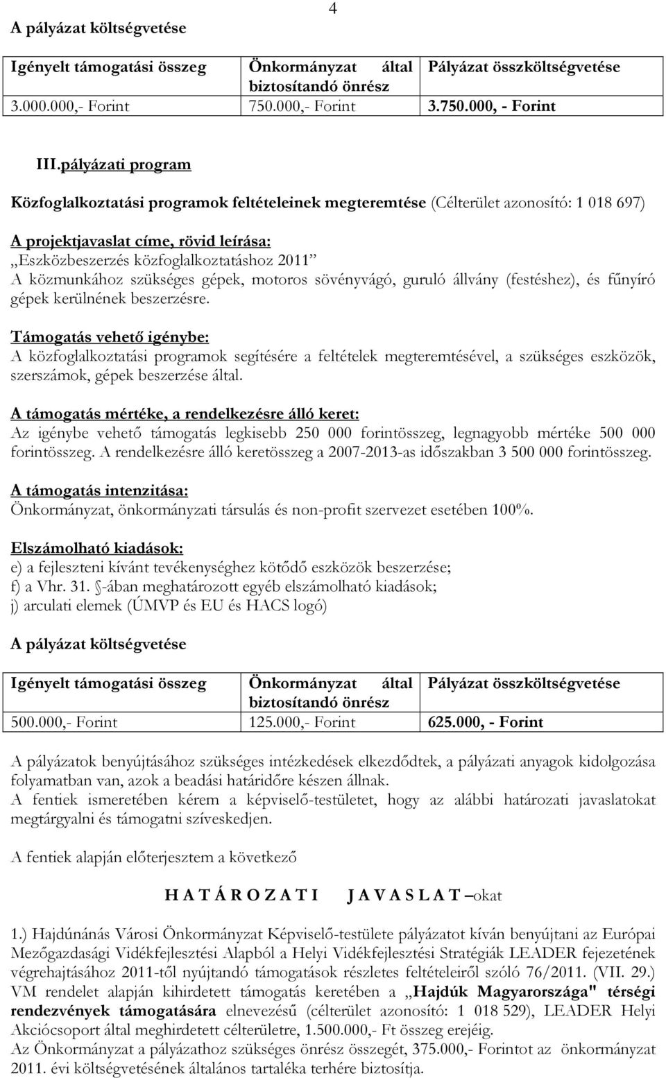 közmunkához szükséges gépek, motoros sövényvágó, guruló állvány (festéshez), és főnyíró gépek kerülnének beszerzésre.
