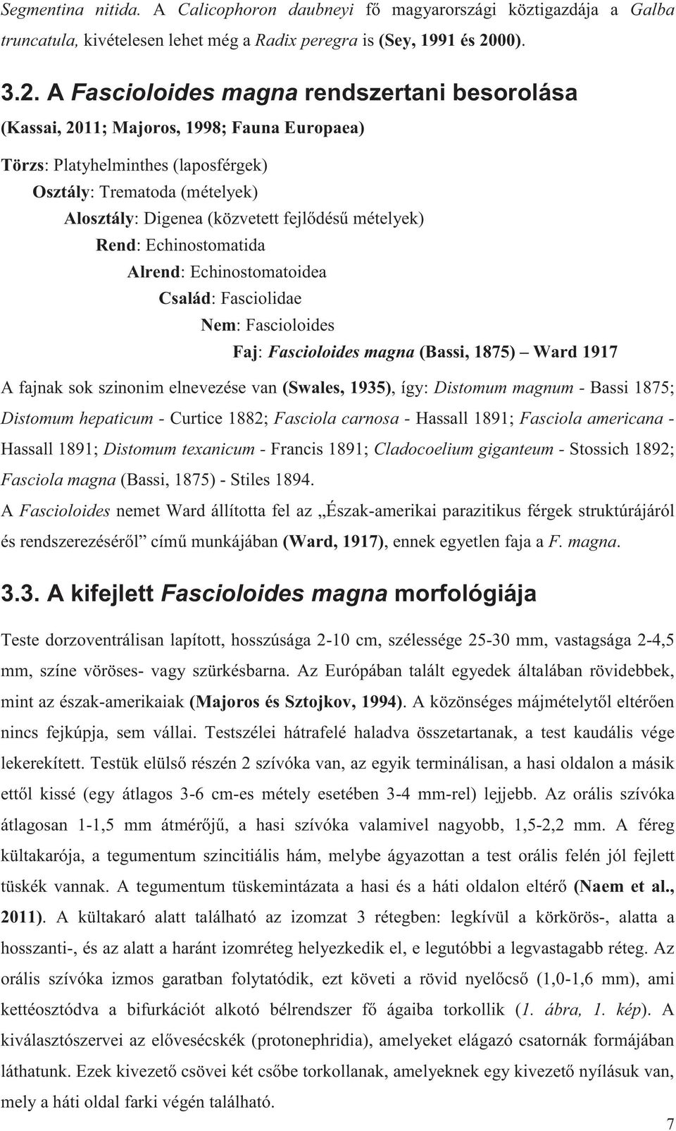 A Fascioloides magna rendszertani besorolása (Kassai, 2011; Majoros, 1998; Fauna Europaea) Törzs: Platyhelminthes (laposférgek) Osztály: Trematoda (mételyek) Alosztály: Digenea (közvetett fejlődésű