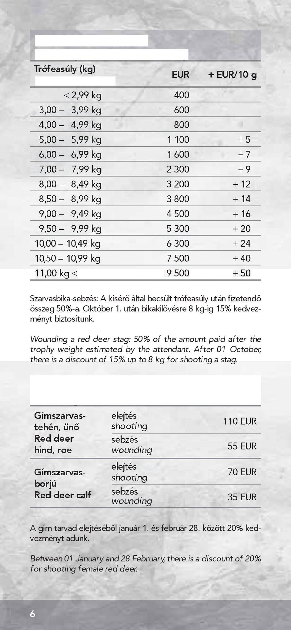 Szarvasbika-sebzés: A kísérő által becsült trófeasúly után fizetendő összeg 50%-a. Október 1. után bikakilövésre 8 kg-ig 15% kedvezményt biztosítunk.