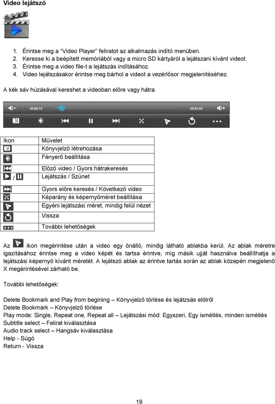 Ikon Művelet Könyvjelző létrehozása Fényerő beállítása Előző video / Gyors hátrakeresés / Lejátszás / Szünet Gyors előre keresés / Következő video Képarány és képernyőméret beállítása Egyéni