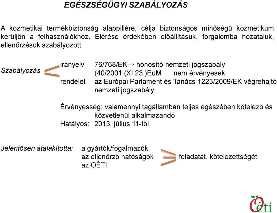 Szabályozás irányelv rendelet 76/768/EK honosító nemzeti jogszabály (40/2001.(XI.23.