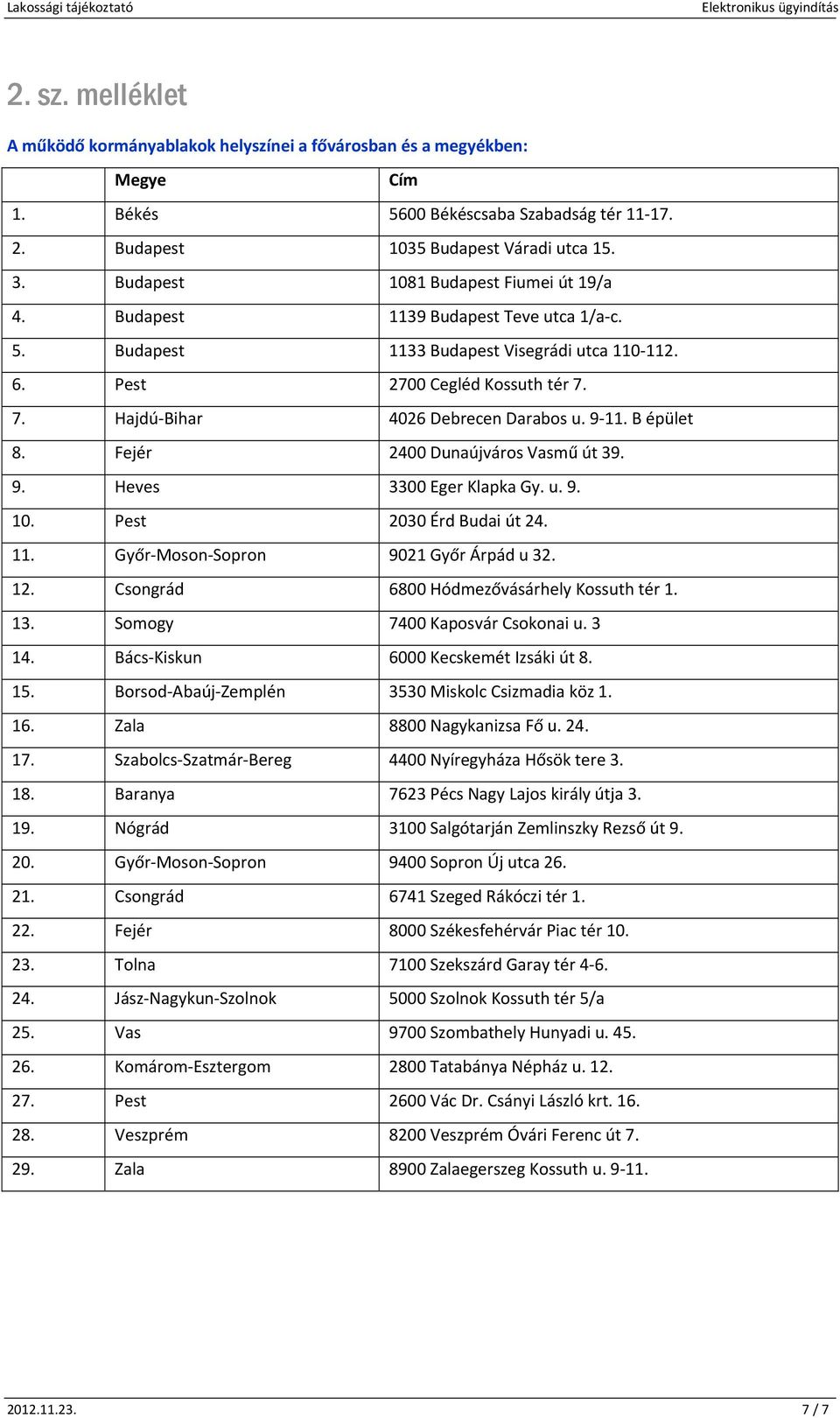 7. Hajdú Bihar 4026 Debrecen Darabos u. 9 11. B épület 8. Fejér 2400 Dunaújváros Vasmű út 39. 9. Heves 3300 Eger Klapka Gy. u. 9. 10. Pest 2030 Érd Budai út 24. 11. Győr Moson Sopron 9021 Győr Árpád u 32.