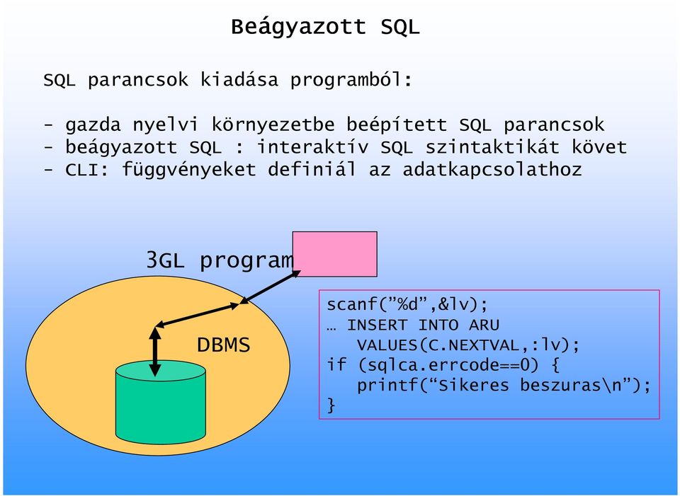 CLI: függvényeket definiál az adatkapcsolathoz 3GL program DBMS scanf( %d,&lv);