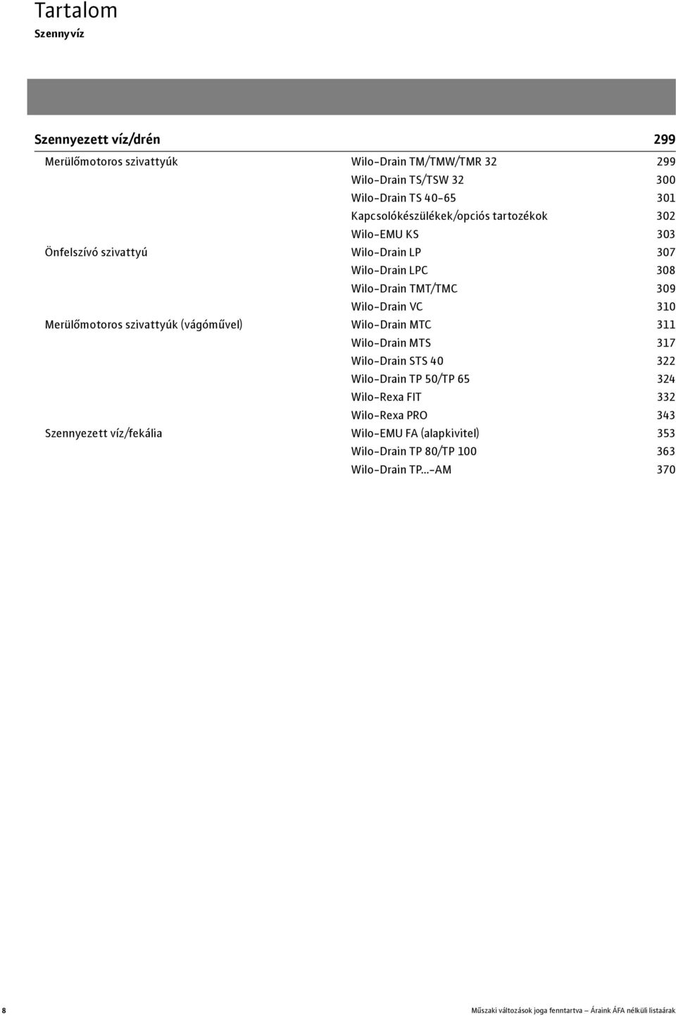 Merülőmotoros szivattyúk (vágóművel) Wilo-Drain MTC 311 Wilo-Drain MTS 317 Wilo-Drain STS 40 322 Wilo-Drain TP 50/TP 65 324 Wilo-Rexa FIT 332 Wilo-Rexa PRO