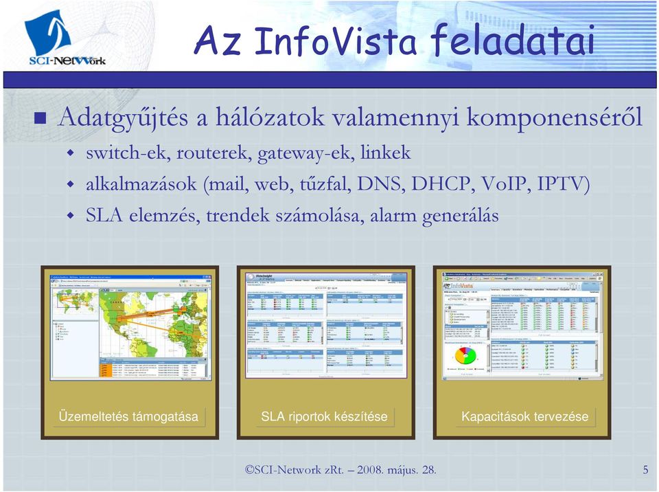 DHCP, VoIP, IPTV) SLA elemzés, trendek számolása, alarm generálás Üzemeltetés