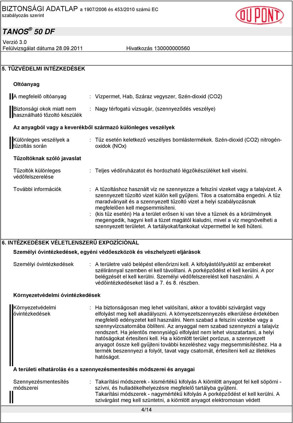 Szén-dioxid (CO2) nitrogénoxidok (NOx) Tűzoltóknak szóló javaslat Tűzoltók különleges védőfelszerelése További információk : Teljes védőruházatot és hordozható légzőkészüléket kell viselni.