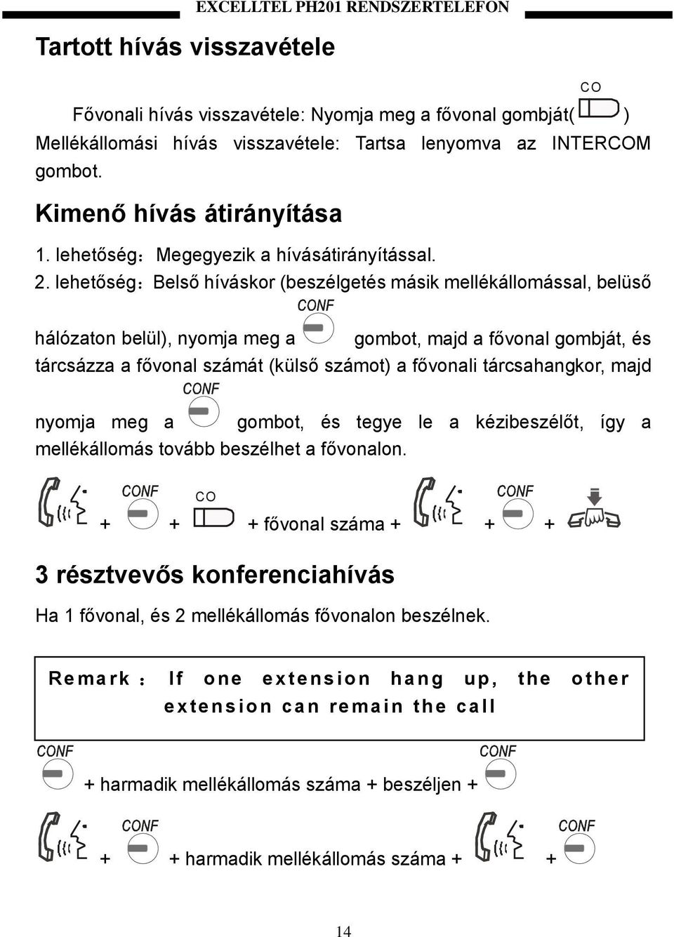 lehetőség:belső híváskor (beszélgetés másik mellékállomással, belüső CO hálózaton belül), nyomja meg a gombot, majd a fővonal gombját, és tárcsázza a fővonal számát (külső számot) a fővonali