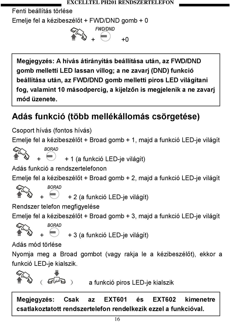 Adás funkció (több mellékállomás csörgetése) Csoport hívás (fontos hívás) Emelje fel a kézibeszélőt + Broad gomb + 1, majd a funkció LED-je világít + + 1 (a funkció LED-je világít) Adás funkció a