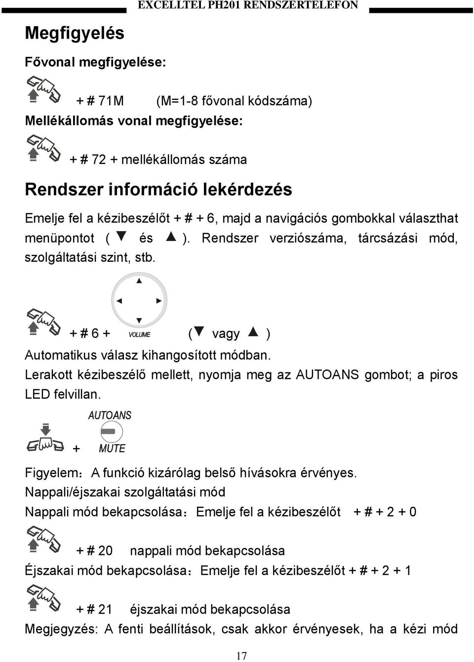 + # 6 + ( vagy ) Automatikus válasz kihangosított módban. Lerakott kézibeszélő mellett, nyomja meg az AUTOANS gombot; a piros LED felvillan. + Figyelem:A funkció kizárólag belső hívásokra érvényes.