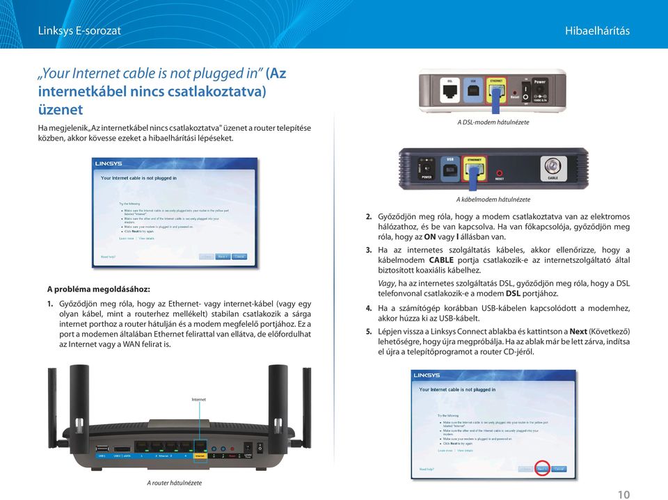 Győződjön meg róla, hogy az Ethernet- vagy internet-kábel (vagy egy olyan kábel, mint a routerhez mellékelt) stabilan csatlakozik a sárga internet porthoz a router hátulján és a modem megfelelő