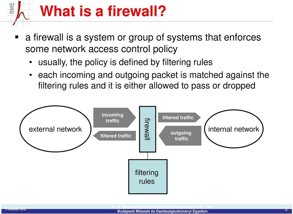 the policy is defined by filtering rules each incoming and outgoing packet is matched against the