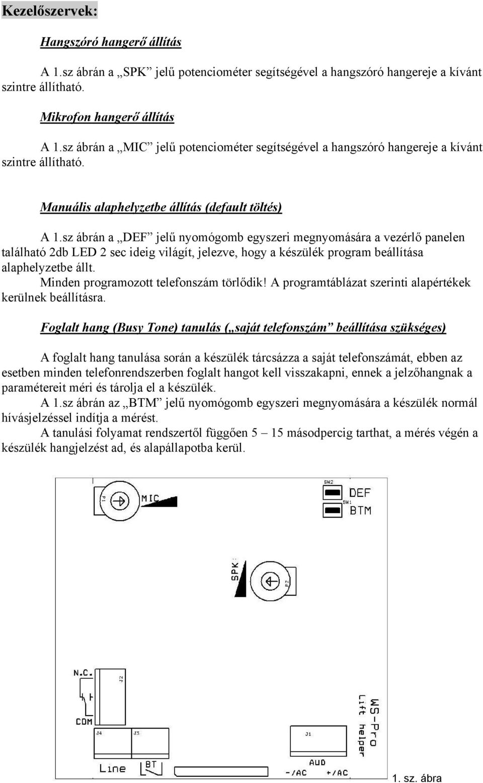 sz ábrán a DEF jelű nyomógomb egyszeri megnyomására a vezérlő panelen található 2db LED 2 sec ideig világít, jelezve, hogy a készülék program beállítása alaphelyzetbe állt.