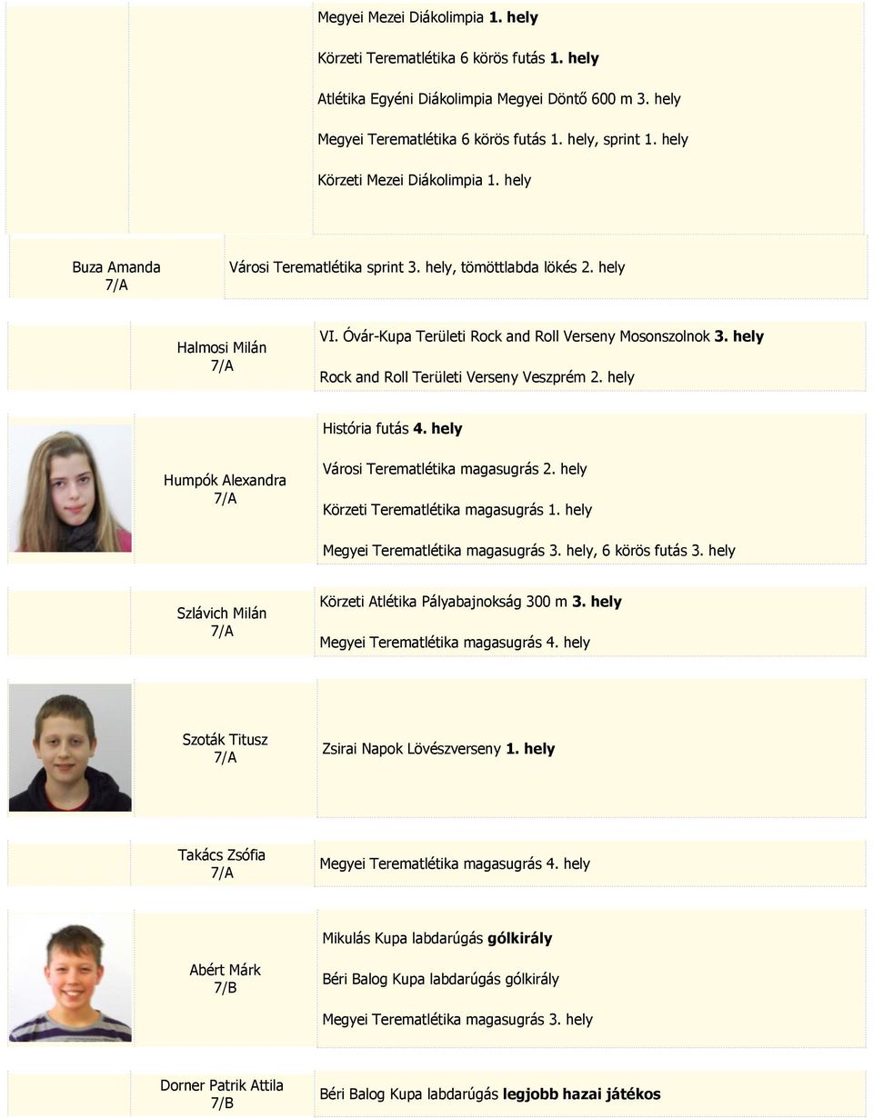hely Rock and Roll Területi Verseny Veszprém 2. hely História futás 4. hely Humpók Alexandra 7/A Városi Terematlétika magasugrás 2. hely Körzeti Terematlétika magasugrás 1.