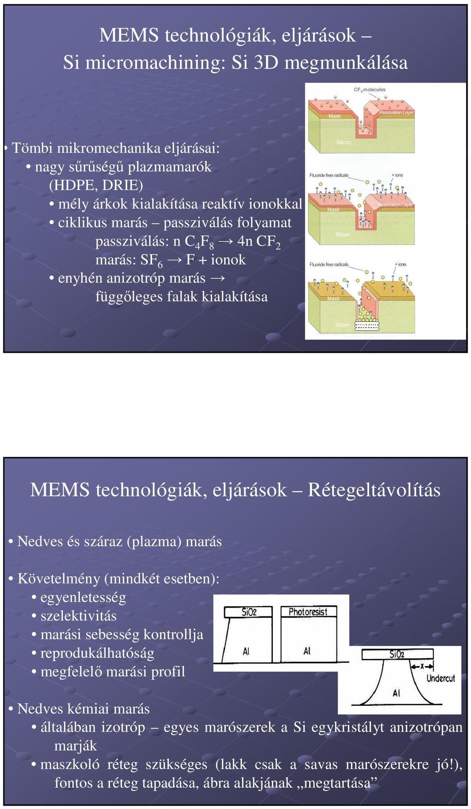 Rétegeltávolítás Nedves és száraz (plazma) marás Követelmény (mindkét esetben): egyenletesség szelektivitás marási sebesség kontrollja reprodukálhatóság megfelelı marási profil