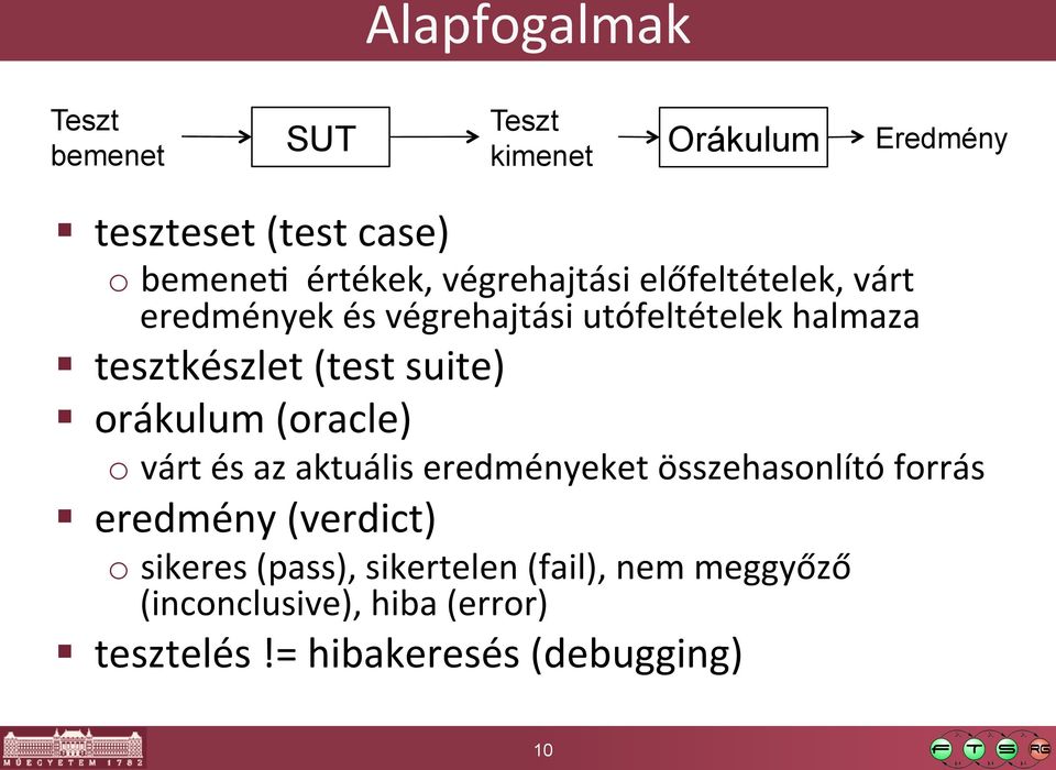 suite) orákulum (oracle) o várt és az aktuális eredményeket összehasonlító forrás eredmény (verdict) o