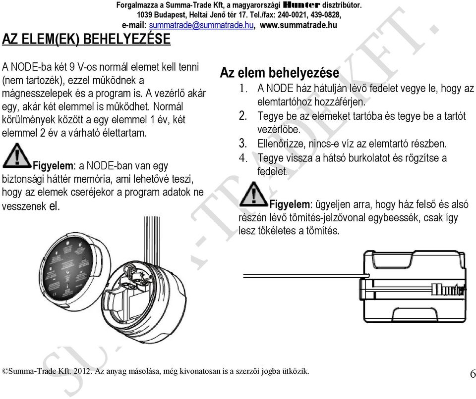 Figyelem: a NODE-ban van egy biztonsági háttér memória, ami lehetővé teszi, hogy az elemek cseréjekor a program adatok ne vesszenek el. Az elem behelyezése 1.