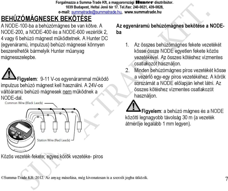 A 24V-os váltóáramú behúzó mágnesek nem működnek a NODE-dal. Forgalmazza a Summa-Trade Kft, a magyarországi Hunter disztribútor. Az egyenáramú behúzómágnes bekötése a NODEba 1.