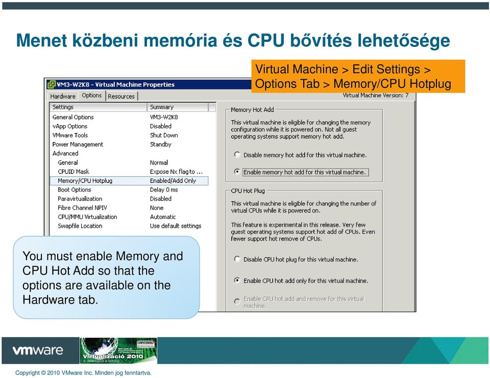 Memory/CPU Hotplug You must enable Memory and CPU