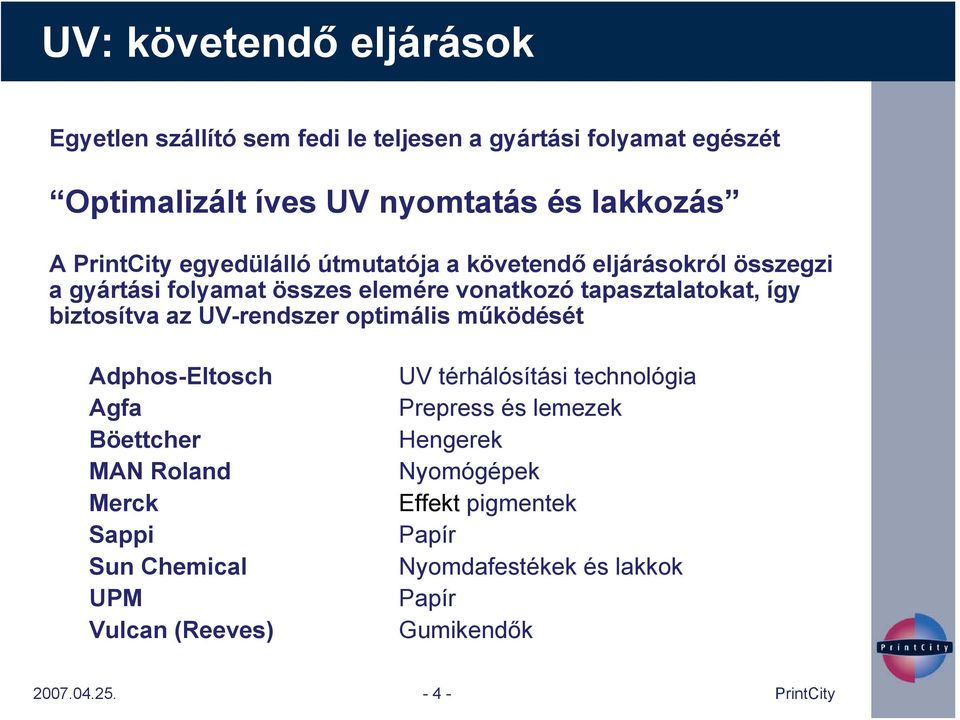 biztosítva az UV-rendszer optimális működését Adphos-Eltosch Agfa Böettcher MAN Roland Merck Sappi Sun Chemical UPM Vulcan (Reeves) UV