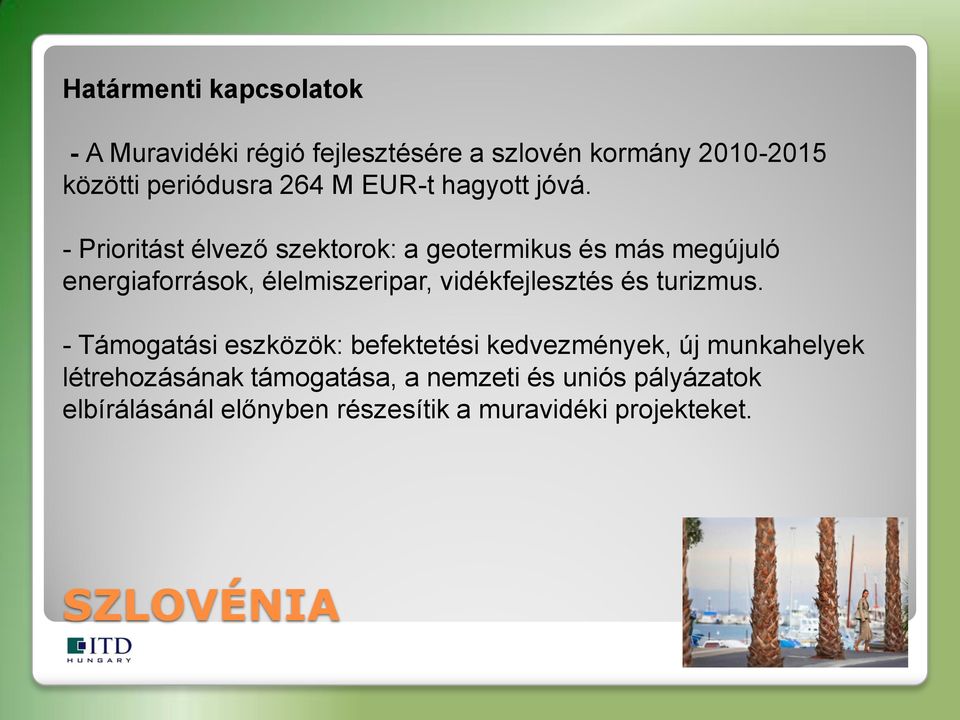 - Prioritást élvező szektorok: a geotermikus és más megújuló energiaforrások, élelmiszeripar,